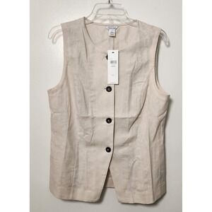 Calvin Klein NWT Linen Cotton Sleeveless‎ Button Front Vest Beige Medium Modern
